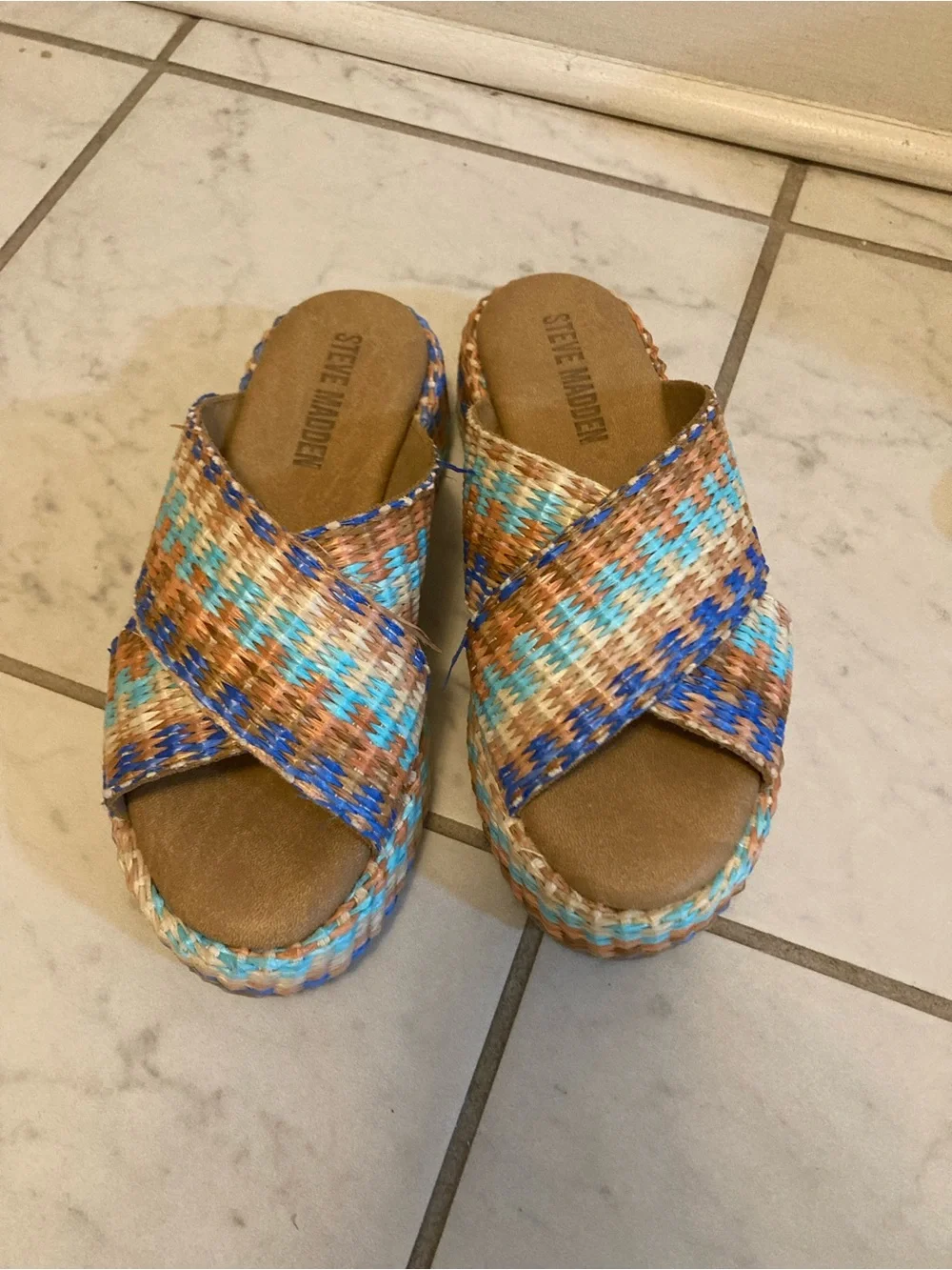 Steve Madden Multicolor Woven Platform Slide Sandals - Blue/Tan/White